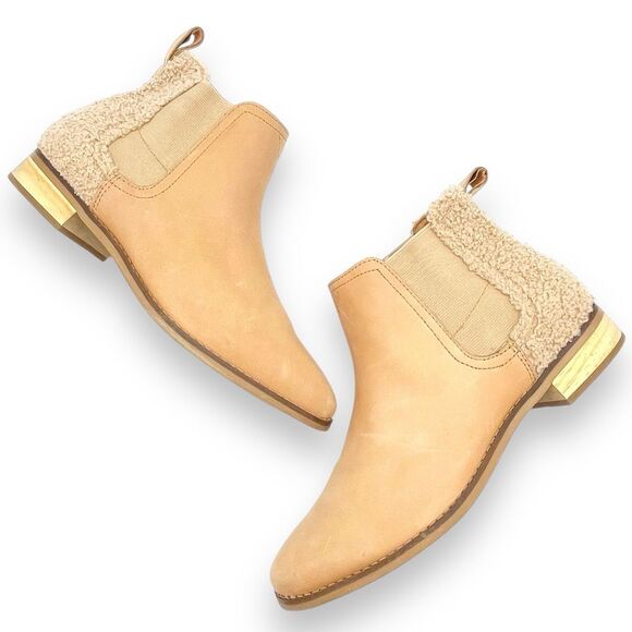Toms Ella Chelsea Boots Skip On Booties in Honey Leather Faux Shearling Size 9.5 - Picture 2 of 15